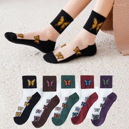 Women Socks Butterfly Pattern Cotton Bottom Transparent Mixed Fiber Crystal Stretch Elasticity Ankle Net Yarn Thin Cool