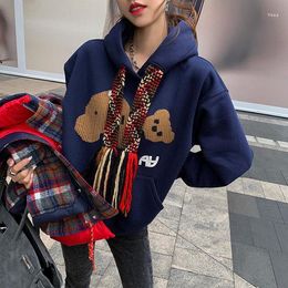 Women's Hoodies Design Colour Woven Tape Hooded Pullover Tops Autumn Winter Embroidery Bear Thicken Velvet Dark Blue Sweatshirt