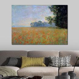 Impressionist Canvas Art Oat and Poppy Field Claude Monet Oil Painting Handmade Landscape Modern Bedroom Decor