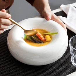 Novelty Style White Heat Retaining Dishes Luxury Restaurant Double Layer Deep Ceramic Plates