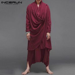 Men's Tracksuits INCERUN Men Sets Cotton Streetwear Solid Long Sleeve Turtleneck Irregular Cloak Coats Drop Crotch Pants Vintage Mens Suits 230714