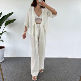 Women's Two Piece Pants 2023 Ladies Fashion Leisure Loose Suit Plain Lace-up Trousers Of 7 Minutes Sleeve Cardigan Two-piece Outfit