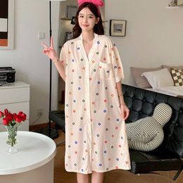 Women's Sleepwear Sweet Floral Print Summer Nightgown Cotton Korean Loose Short Sleeve Ruffles Sleep Dress V-Neck Home Clothes