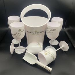6 Glass 1 Ice Bucket 1Scoop Champagne Flutes Party Plastic Cups Cocktail Cup White Cabinet Acrylic wine glasses Cooler292Q