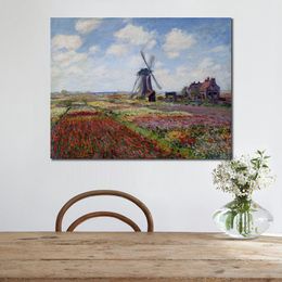 Handmade Canvas Art Fields of Tulip with The Rijnsburg Windmill Claude Monet Painting Countryside Landscapes Office Studio Decor