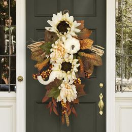 Decorative Flowers Artificial Fall Hanging Wreath Autumn Unique Pumpkin Sunflower Garland Halloween Ornaments