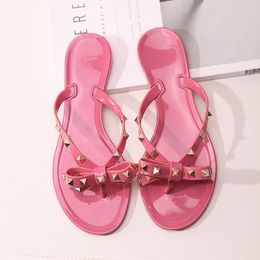 Slippers Size 36 42 Fashion Women's Flip Flops Summer Shoes Cool Beach Rivet Big Bow Flat Sandals Jelly Girls 230714