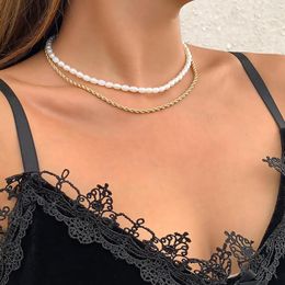 Choker Design Vintage Twisted Chain Pearl Jewelry Gold Plated Chunky Link Layered Necklaces For Women Ladies Necklace