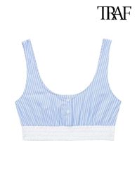 Camis Traf Women Fashion Front Button Striped Cropped Tank Tops Sexy Wide Straps Elastic Hem Female Camis Mujer