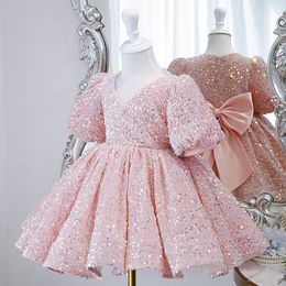 Girl's Dresses Pink Sequin Formal Dresses for Teens Girls Luxury Gowns 2 To 14 Years Kids Bow Princess Evening Short Dress Birthday Party 230714