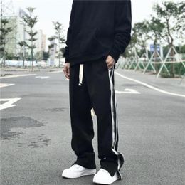 Men's Pants Side Striped Loose Straight Men Women Sports Trousers Slit Casual Pantalones Bf Harajuku Style Trend Sweatpants Black