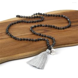 Chains Lotus Pendant OM Necklace 108 Beads Knotted Facted Labradorite Stone Tassel Jewellery