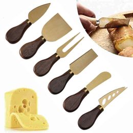 Cheese Tools 6pcsset Stainless Steel Knives Walnut Wooden Handle Bread Cake Pizza Cutter Butter Spatula Kitchen 230714