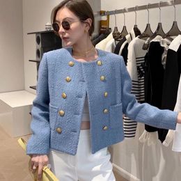 Suits Spring Korean Women's Clothes Pocket Tweed Double Breasted Ladies Coat Outerwear Blends Wool Female Elegant Jacket Top