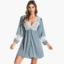 Women's Sleepwear Kimono Bathrobe Gown Perspective Lace Satin Long Sleeve Home Clothing Women Robe Set Casual Intimate Lingerie