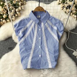 Women's Blouses Fashion Single Breasted Contrast Colour Pleated Sleeveless Striped Shirt Summer Design Loose Lace Patchwork Blouse