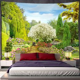 Tapestries Dome Cameras Customizable Flowing Water Garden Natural Scenery Living Room TV Background Wall Decoration Mountain Wooden Bridge Tapestry R230714