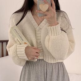 Sets Short Knitted Cardigan Sweet Korean V Neck Lantern Sleeve Sweaters for Women Fall Wild Simple Cropped Pink Cardigan Coat