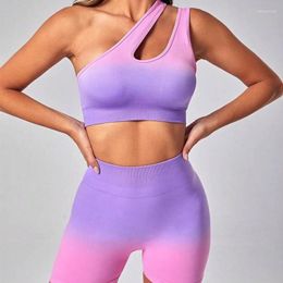 Active Sets European And American Summer Seamless Gradient Gym Set Women's Breathable Sports Bra High Waist Quick Drying Yoga Shorts