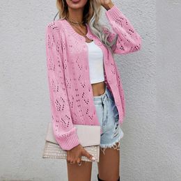 Women's Knits Slim Fit Women Sweater Cardigan Pink Long Sleeve Thin Hollow Out Female Casual Coat 2023 Autumn Ladies Solid Colour Knited Tops