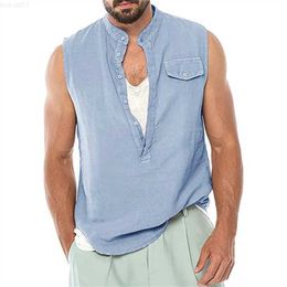 Men's Tank Tops Casual Men's Cotton Linen Tank Tops Summer Vintage Buttoned Solid Colour Sleeveless Camisole Men Clothes Fashion Loose Vest Shirt L230715