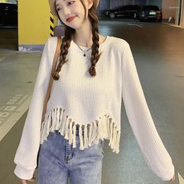 Women's T Shirts Spring Autumn Fashion Shirt Korean Lady Trendy Personality Tassel Short Tops Long Sleeve O-Neck Blouse 2023 Top