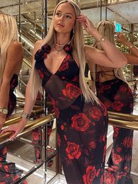 Basic Casual Dresses TARUXY Mesh Printing V Neck Dress For Women Backless Sleeveless See Through Bodycon Ladies Party Sexy Club Femme 230715