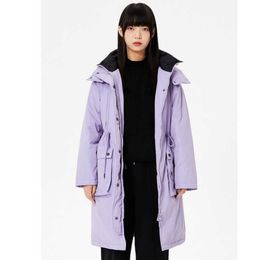 Autumn and winter women hooded waist drawstring long down jacket, tie drawstring slimming, big pockets convenient and practical.