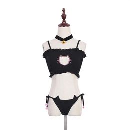 Cosplay Kawaii Dessous Set Katze Stickerei BH Slip Glocke Halsband Kragen Frauen Unterwäsche fz0574206n