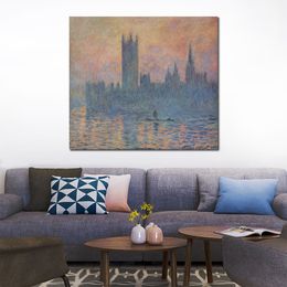 Handmade Canvas Art Houses of Parliament in Winter Claude Monet Painting Impressionist Landscape Artwork Bathroom Decor