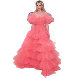 Pink Long Prom Dress 2023 O Neck Long Sleeves Layers Tulle Celebrity Gown Ruffle Pleats Womens Gala Vestidos De Novia