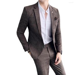 Men's Suits ( Blazer Pants ) High-end Brand Formal Business Plaid Mens Suit Groom Wedding Dress Solid Colour Stage Performance Tuxedo S-7XL
