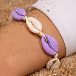 Anklets Bohemian Style Taro Purple Contrasting Shell Bracelet Woven Rope Adjustable For Both Men And Women