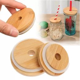 Bamboo Cap Lid Reusable Wooden Mason Jar Lids 70mm with Straw Hole and Silicone Seal Drinkware for Canning Drinking Jars Top