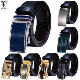 HiTie 50 Kinds Dark Blue Genuine Leather Mens Belts for Men Belt Automatic Buckles Ratchet Waist Dress Jeans Straps Removable L230704