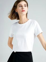 Women's T-Shirt Summer 100% Mercerized Cotton Women Silk T-shirts O Neck Short Sleeve Loose Straight Tops Simple Casual Tees For Minimalist 230714