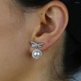 Dangle Earrings White Pearl Bead Cz Bow Tie Lovely Girl Women Drop Earring High Quality Fashion Jewellery