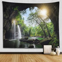 Tapestries Dome Cameras Landscape Tapestry Wall Hanging 3D Cave Boho Forest Waterfall Large Fabric Wall Tapestry Home Decor Aesthetic Room Decoracion R230714