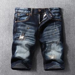 Men's Jeans Summer Fashion Designer Men Retro Black Blue Embroidery Elastic Short Ripped Patched Vintage Casual Denim Shorts