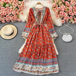 Casual Dresses Bohemian Women's Dress Vintage Floral Printing A-Line Ankle-Length Puff Sleeve O-Neck Lace-Up Hollow Out Beach Vacation