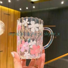 Starbucks Mugs Electroplating Color Cherry Blossom Glass Creative Flower Coffee Cup Heat-Resistant Water Cups327g