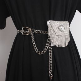 Waist Bags White Black PU Leather Pack Women Bling Tassel Fringe Lipstick Fanny Packs Metal Chain Belt with Coin Bag 230713