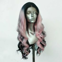 Nxy Synthetic Lace Wigs For Black Women Highlight Green Lace Wig Pink Hair Long Wavy Cosplay Wigs Heat Resistant Fiber 230524