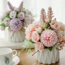 Decorative Flowers Wedding Birthday Party Home Decoration Artificial Roses Flower Bouquet Nordic Style Peony Hydrangea Ceramic Vase