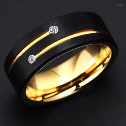 Wedding Rings 2023 8mm Fashion Black Stainless Steel For Men Anniversary Gift Classical Grooved Line Rhinestones Band