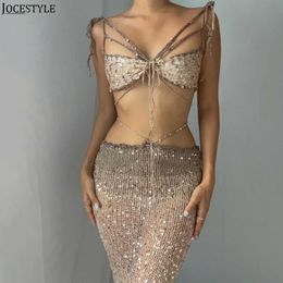 Two Piece Dress Sequin Beaded Sling Top Long Skirt Solid Color Women Crochet Tie Up Navel Exposed Backless Sleeveless Vacation Outfit 230715