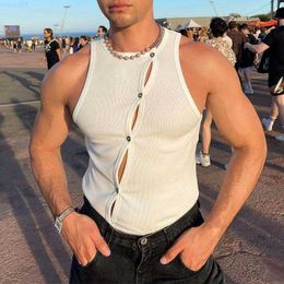 Men's Tank Tops Fashion Irregular Buttoned Ribbed Tank Tops Men Nightclub Summer Casual O Neck Straps Slim Vest Shirts Mens Sleeveless Camisoles L230715