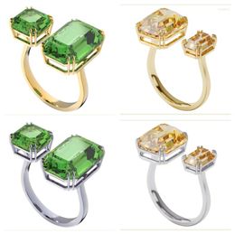 Cluster Rings Elegant Green Yellow Square Cubic Zircon Open Ring For Women Female Cocktail Party Valentine's Day Wife Fashion Jewelry