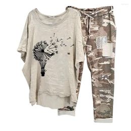 Women's Two Piece Pants Trendy Women Summer Outfit Pockets T-shirt Set Vintage Irregular Hem Daily Wear