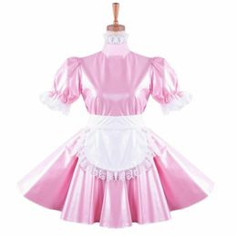 Pink Pearl leather sissy maid dress Halloween cosplay costume314c